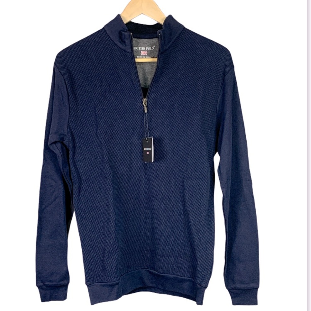 British Polo Blue 1/4 Zip Up Waffle Long Sleeve - Picture 1 of 12